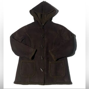 LL Bean Women’s Faux Suede Toggle Duffle Coat Sherpa Lined Hooded Brown Sz M P